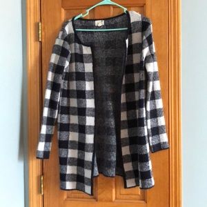 Oversized open front checkered sweater
